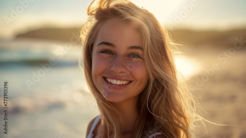 Outdoor portrait of happy girl with long blonde hair posing against background of sunset sky at the beach during the vacations. Pertfect wavy hairs, tan skim body. Summer tropical mood. Generative AI. © Ivan