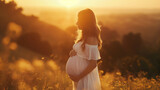 Beautiful pregnant woman in white dress standing in the golden field at sunset or sunrise at summer time. The young expecting mother holding baby in pregnant belly. Generative AI.
