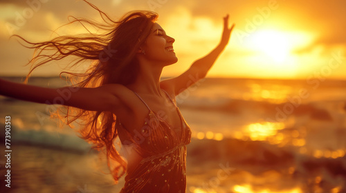 Portrait of young woman at sea or ocean at sunset. 
Attractive happy beautiful woman smiling at the beach side. Delightful girl enjoying sunny day out. Healthy lifestyle concept. Generative AI.