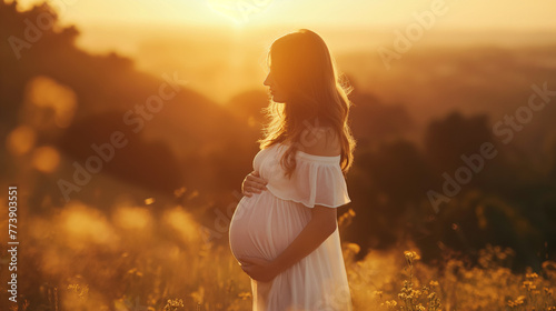 Beautiful pregnant woman in white dress standing in the golden field at sunset or sunrise at summer time. The young expecting mother holding baby in pregnant belly. Generative AI.