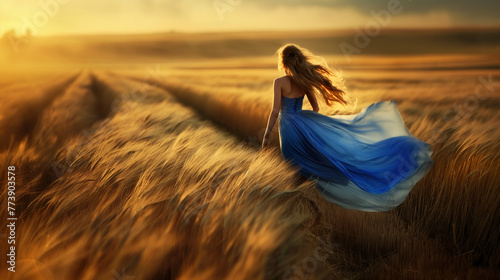 Beautiful woman in blue dress walking in wheat field in sunset light. Strong Ukrainian woman Standing for Peace. Atmospheric moment. Generative AI.