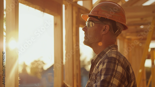 Caucasian contractor inspecting wood frame, busy site background, soft early light, front shot,