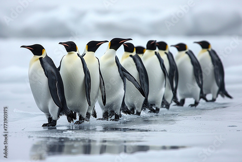 A group of penguins marching proudly in perfect unison across the ice.