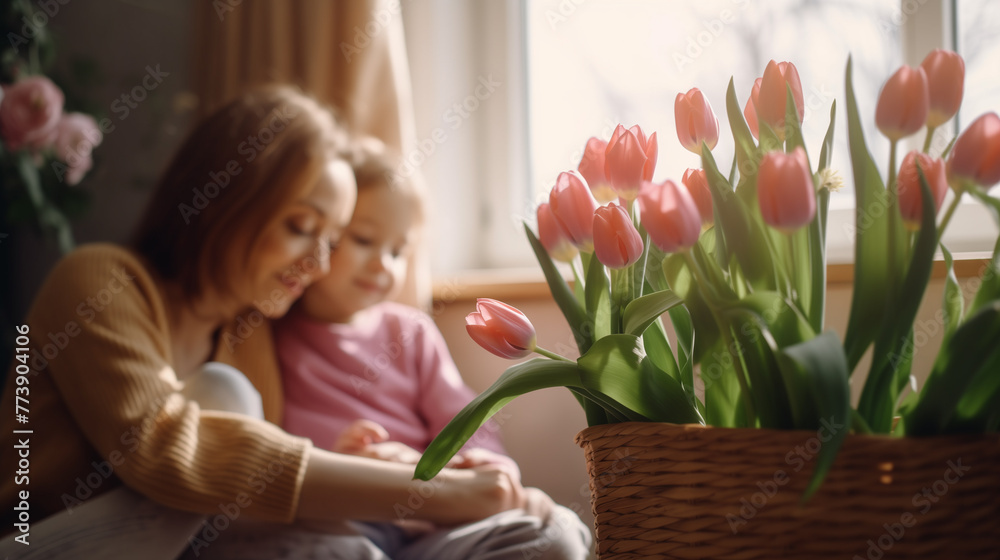 photo of child and mother sitting together. exchange tulip flowers. mothers day concept. photo of child and mother sitting together. exchange tulip flowers. mothers day concept.