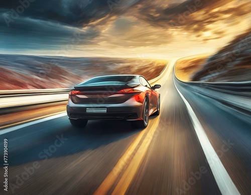 Dynamic motion blur of a car driving fast on an open road with a vibrant sunset background