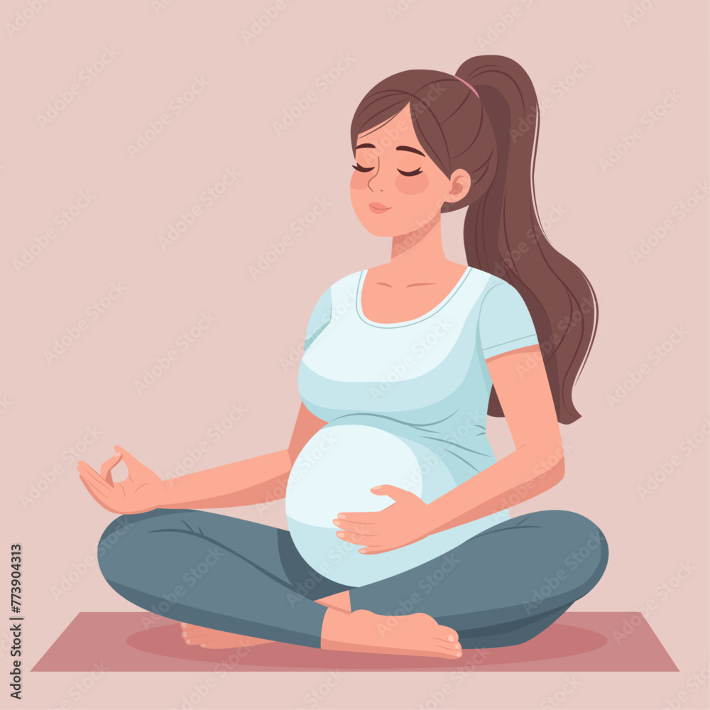 Yoga to prepare for childbirth. Pregnant woman performing breathing techniques. Trendy flat vector illustration Yoga to prepare for childbirth. Pregnant woman performing breathing techniques. Trendy flat vector illustration