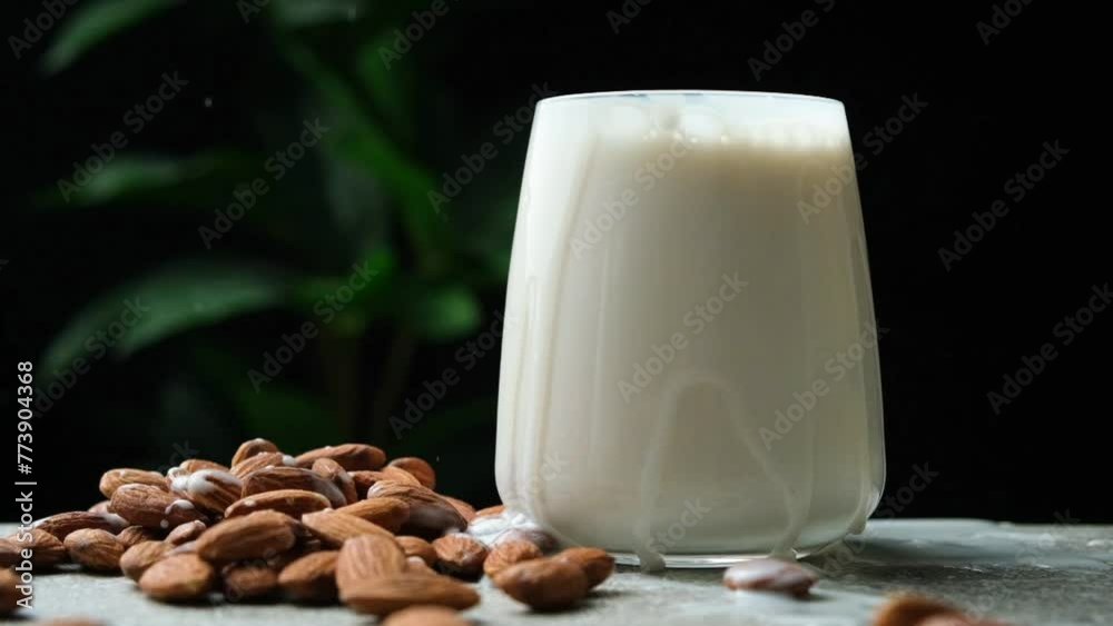 Almonds falling in almond milk, splash on black background, slow motion Almonds falling in almond milk, splash on black background, slow motion