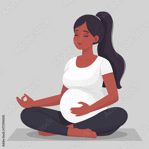 Yoga to prepare for childbirth. Black Pregnant woman performing breathing techniques. Flat vector illustration