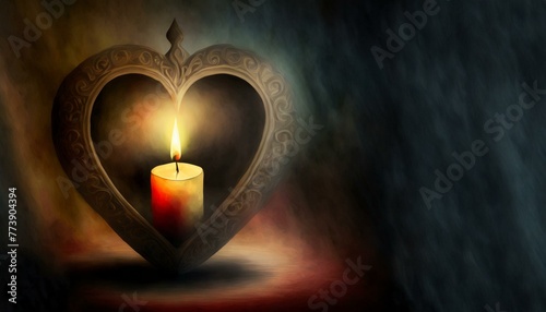 Romantic scene featuring a burning candle reflected in a heart-shaped mirror, creating a warm ambiance