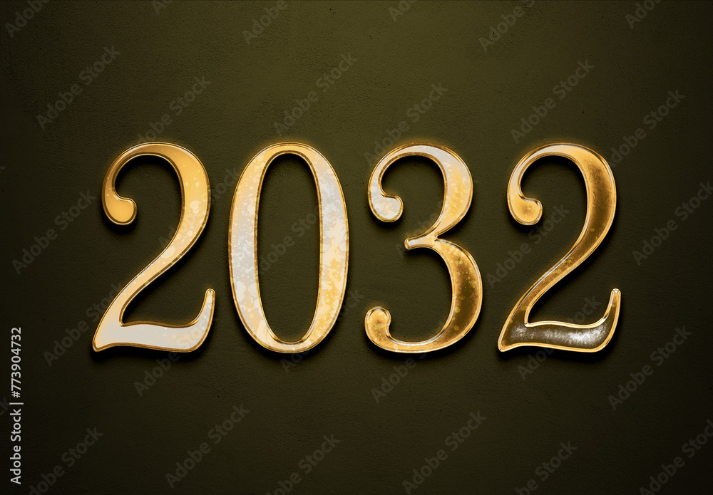 Old gold effect of 2032 number with 3D glossy style Mockup. Old gold effect of 2032 number with 3D glossy style Mockup.