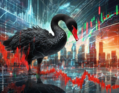 Digital artwork of a black swan in a surreal cityscape with financial charts symbolizing market unpredictability