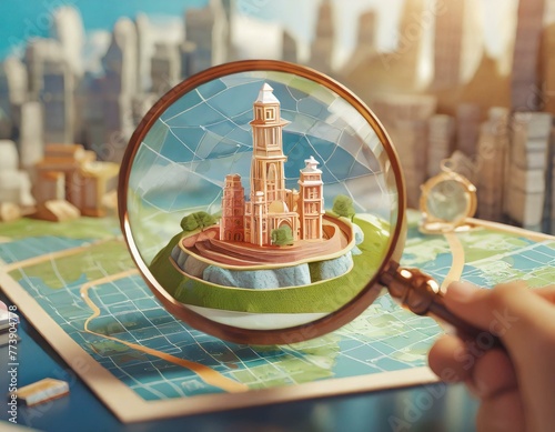 Hand holding a magnifying glass over a map reveals a 3d fantasy cityscape, search for unpopular tourist destinations photo
