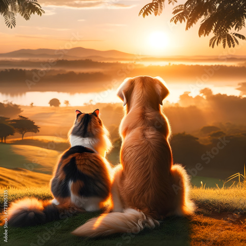 golden retriever and a long-haired calico cat as they sit together watching a sunrise