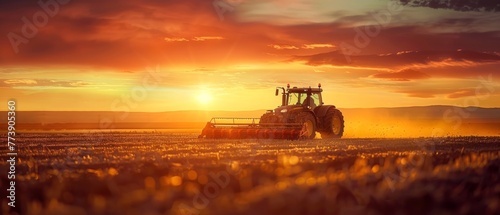 An agricultural worker prepares land for seedbed cultivation with a seedbed cultivator at sunset