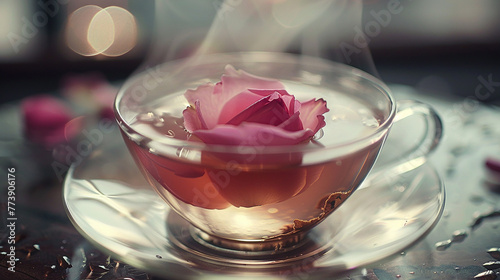 A delicate rose petal floating gracefully in a steaming cup of tea.