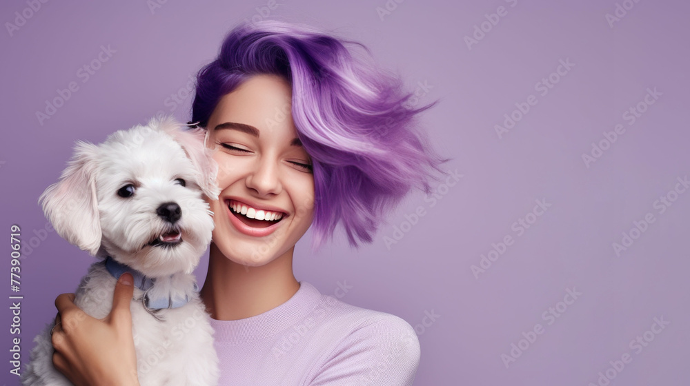 a young asian woman with a beautiful haircut and purple hair color is holding a poodle puppy. hairdressing and hair dyes, copy space a young asian woman with a beautiful haircut and purple hair color is holding a poodle puppy. hairdressing and hair dyes, copy space
