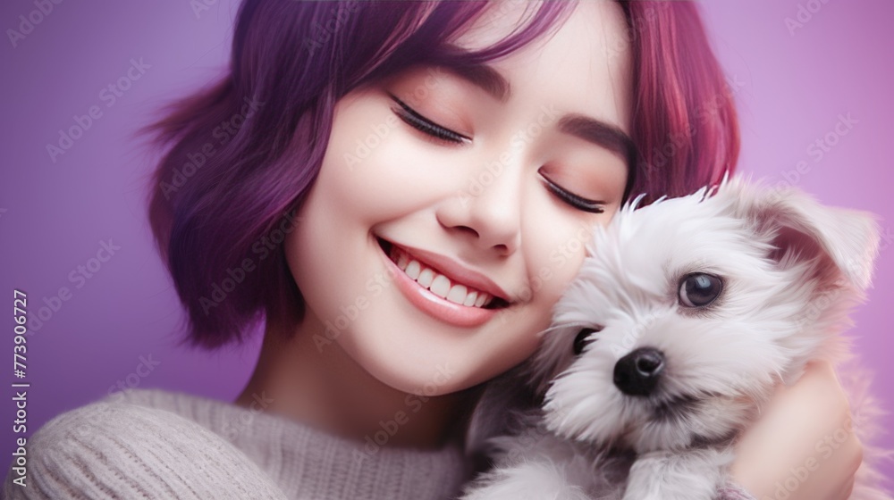 young Asian woman with purple hair holds a toy poodle in her arms, concept of beloved pets young Asian woman with purple hair holds a toy poodle in her arms, concept of beloved pets