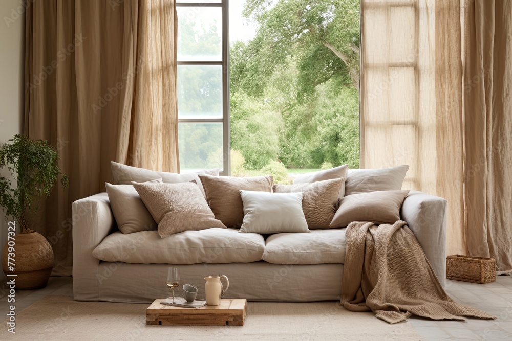 Breathable Fabrics: Earthy Organic Living Room Designs with Linen Curtains and Soft Furnishings