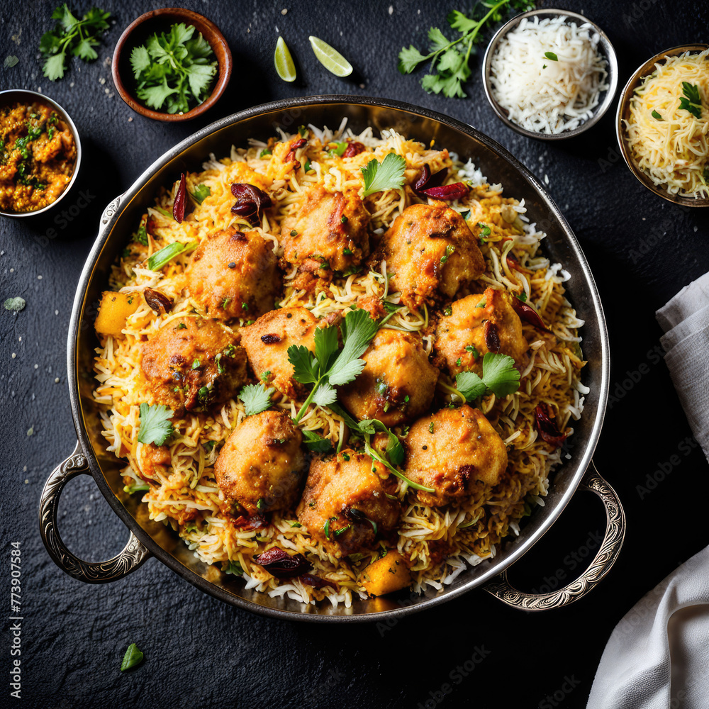 traditional food Biryani a delicious dish served on a dark background
traditional food Biryani a delicious dish served on a dark background