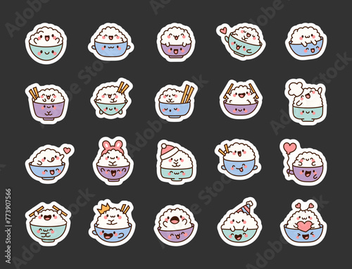 Cute kawaii rice and funny bowl. Sticker Bookmark. Adorable food friends. Cartoon character. Hand drawn style. Vector drawing. Collection of design elements.