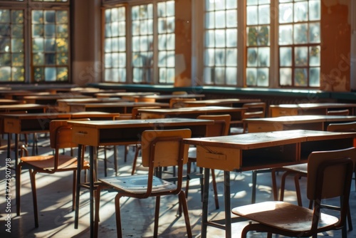 Rows of desks in an old untidy school classroom photo
