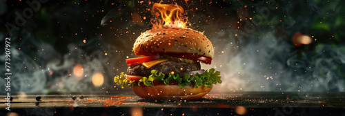 A sizzling burger with flames engulfing it