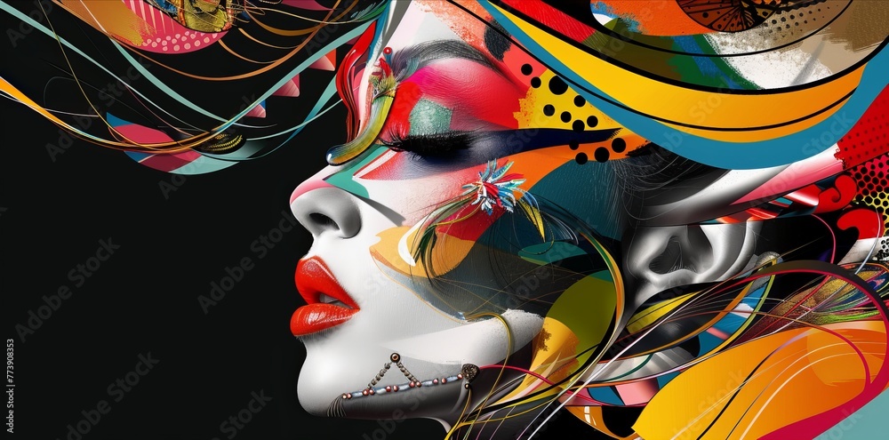 pop art style collage of a portrait face close up woman, colorful palette,, abstract shapes and lines