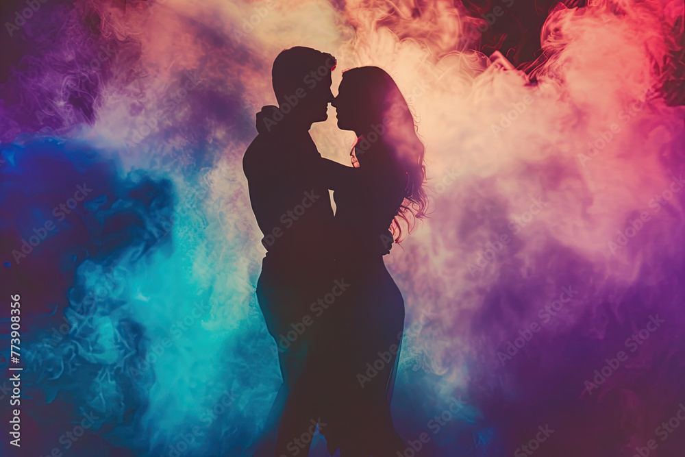 Silhouetted young couple gracefully dancing against a vivid, dramatic backdrop
