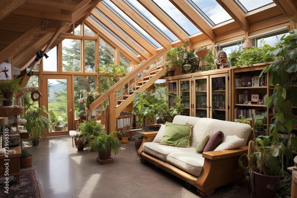 Fototapeta premium Sustainable Organic Living Room Designs with Solar Panels and Off-Grid Energy