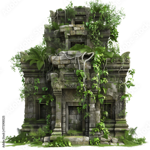 Fototapeta Naklejka Na Ścianę i Meble -  An ancient, overgrown jungle temple ruin, isolated on transparent background