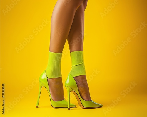 fashion closeup yellow high heels with lime green and yellow socks, vibrant minimal colorful background