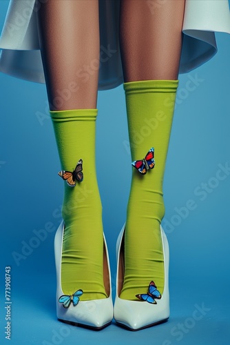 portrait illustration of fashion female legs , green socks  with butterflies on and elegant high heels with a blue vibrant background, minimal stylish vibes