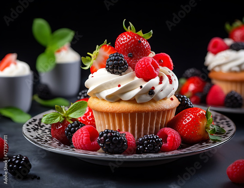 A wide selection of frosted cupcakes, elegantly arranged on a plate. Generative AI