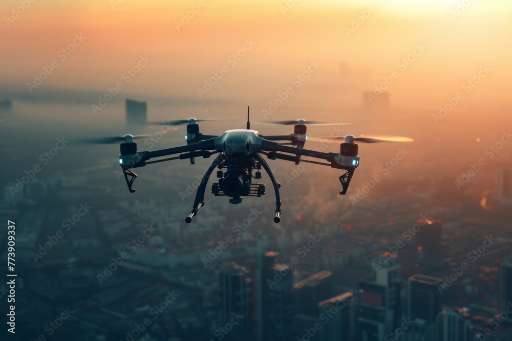Naklejka premium Unmanned aerial vehicle with camera flies over a city