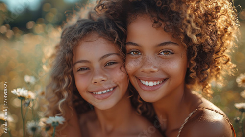 Two beautiful curly young multiracial girls girlfriends or sisters hugging and laughing. Meeting of friends. Friendship Day. International Women's Day. National Siblings Day. Twins days. Copy space photo