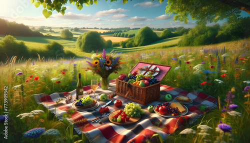 picnic scene on a lush green meadow under a clear blue sky