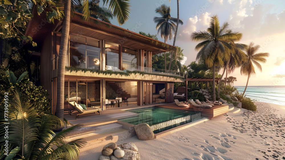 Fototapeta premium A private beachfront villa with infinity pool and personalized service, offering an exclusive haven for travelers who crave the utmost in privacy and opulence.