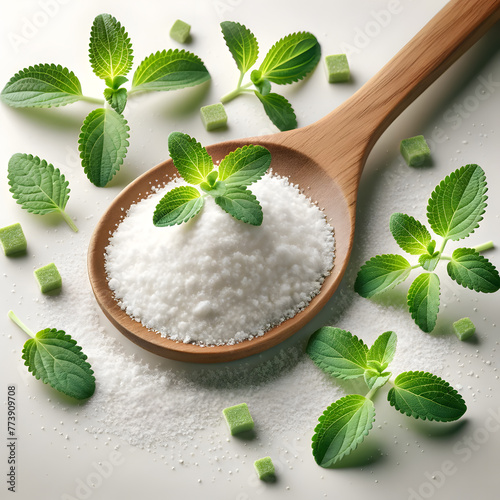 wooden spoon overflowing with white stevia powder photo