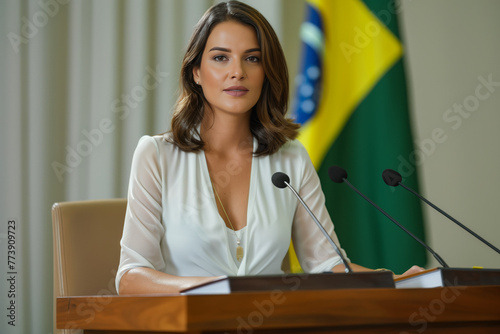 Handsome, busty Brazilian female politician woman sits in front of two microphones. Brasil representative lady in her thirties speaks in the national congress of Brasilia with the Brazil flag behind. photo