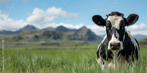 Black and white swiss cow, the epitome of rural fauna, grazes peacefully in the foreground, with the majestic heights of the Alps providing an idyllic panorama in the distance.
