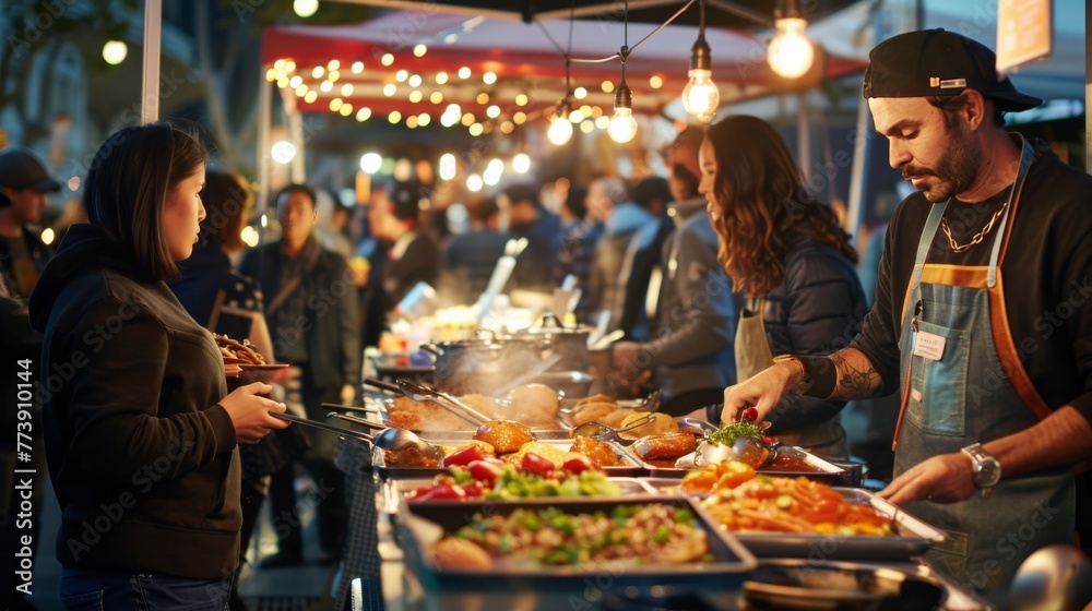 Street food, diverse culinary concept. People eat asian spacy food Street food, diverse culinary concept. People eat asian spacy food