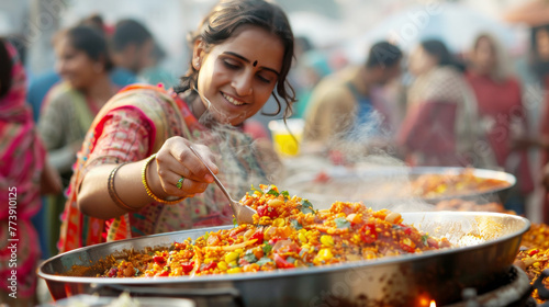 Street food, diverse culinary concept. Variety of cooked curries on display in india photo