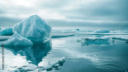 Dissolving ice floes in the Arctic, stark symbol of climate crisis, melting glaciers, global warming impact,