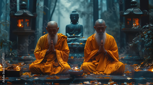 Buddhist monks engaging near serene Buddha statue. Harmony and Serenity Concept. Generative AI.