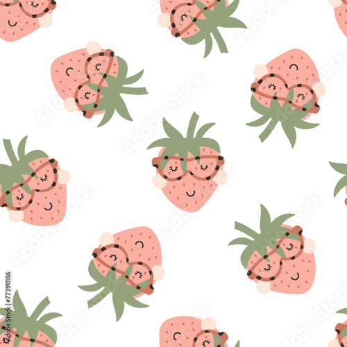 Seamless pattern with kids cute strawberries. Vector