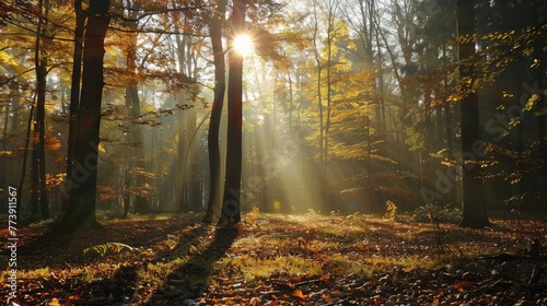sun beams in an autumn forest © sania