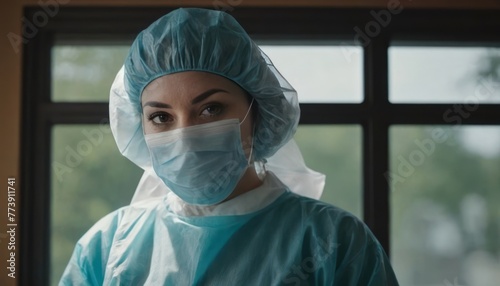 Portrait of a successful and diligent female doctor nurse standing confidently by the hospital window