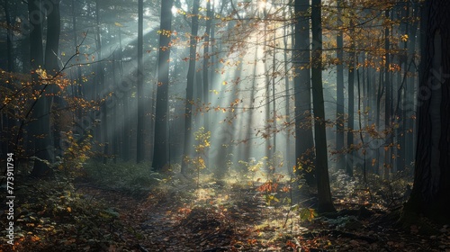 sun beams in an autumn morning forest #773911794