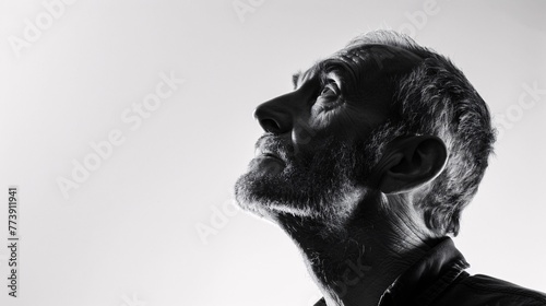 Grey-haired Man with Beard and Mustache, Staring into the Sky Generative AI