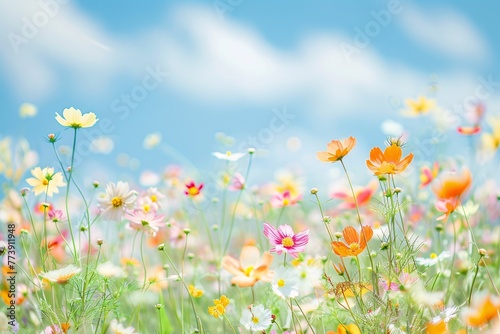 Blooming Bliss A Vibrant Display of Wildflowers in a Blue Sky Generative AI